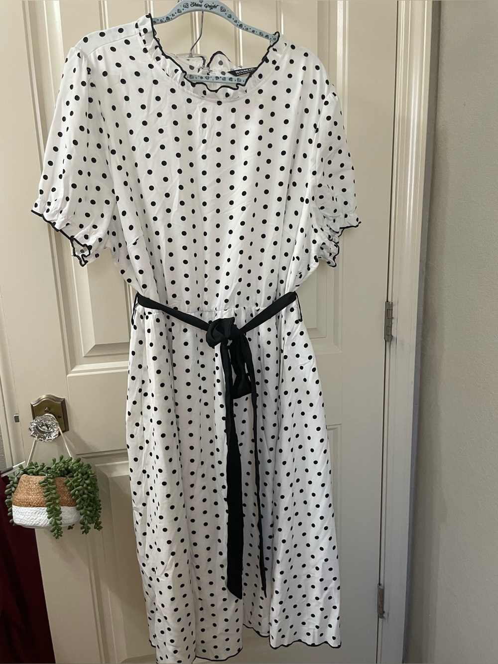 BloomChic White Midi Dress with Black Polka Dots & Black Waist Tie